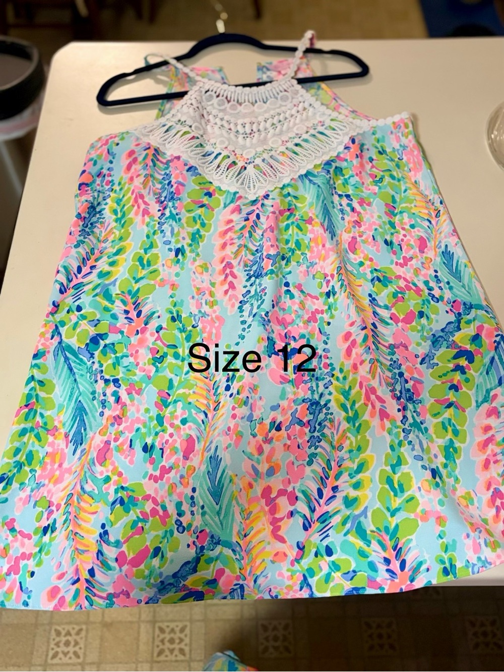 Girls Floral Crochet Yoke Tank Top - Mint, Pink & Blue